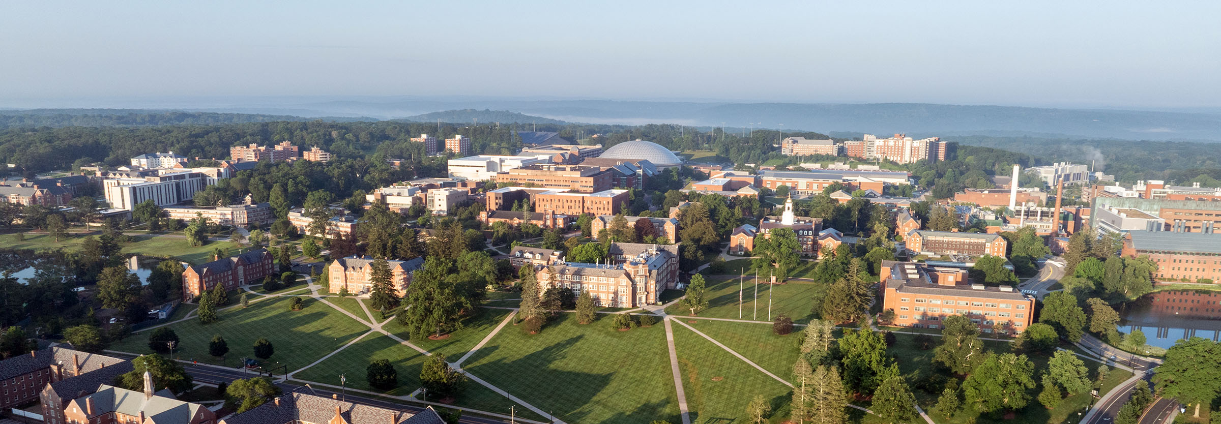 Aerial view of the UConn Storrs campus in the morning.
